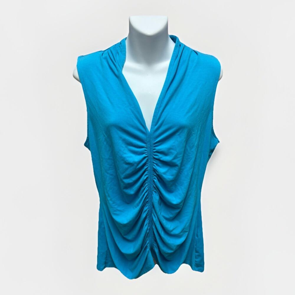 White House Black Market Womens Large Blue Sleeveless Blouse Ruched Front V Neck